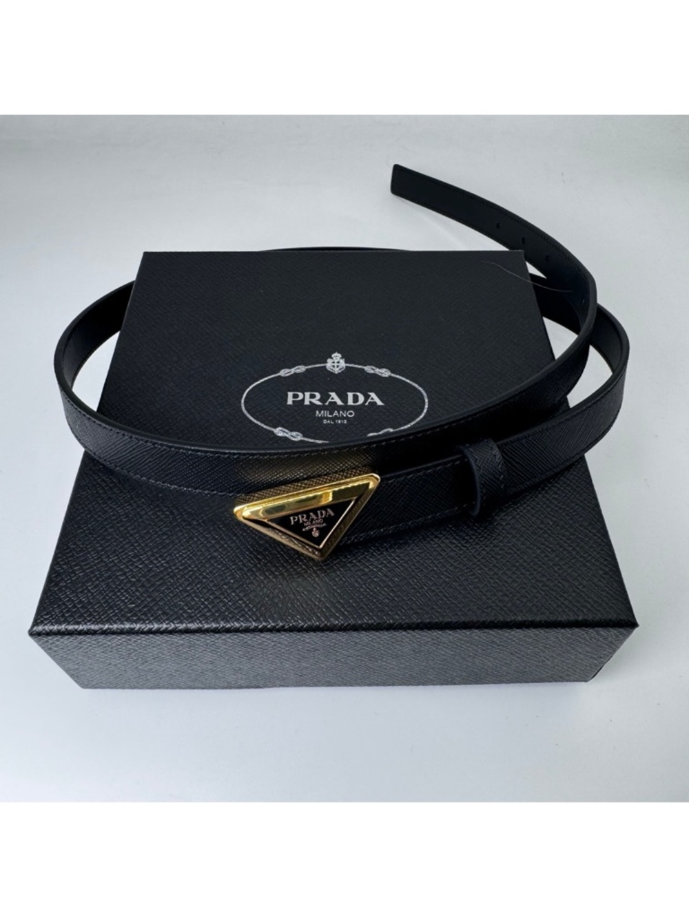 Prada Black Saffiano Leather Belt with Gold Triangle Logo